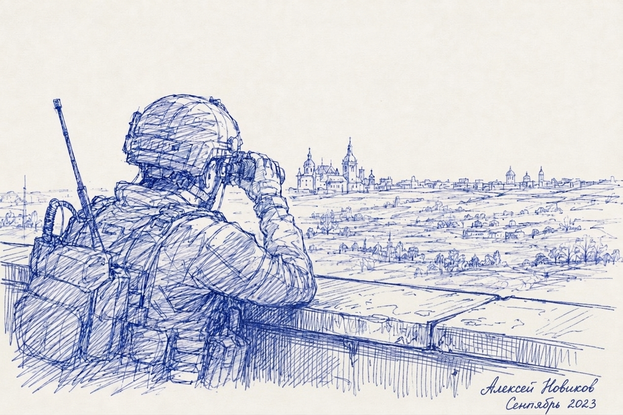 Ballpoint pen drawing of a helmeted soldier watching through binoculars from a rooftop, a radio antenna at his shoulder, looking across farmland toward a distant town with domed churches.
